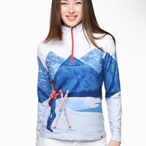Krimson Klover Women's Blue Graphic Ski Quarter zip maple base layer top NWT